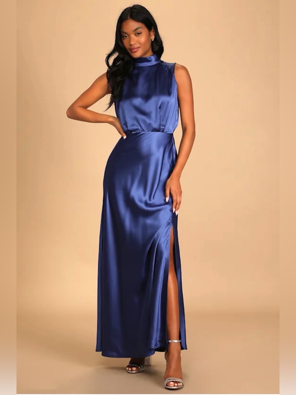 NWT Lulus Satin Mock Neck Sleeveless Maxi Dress in Royal Blue with Slit Small